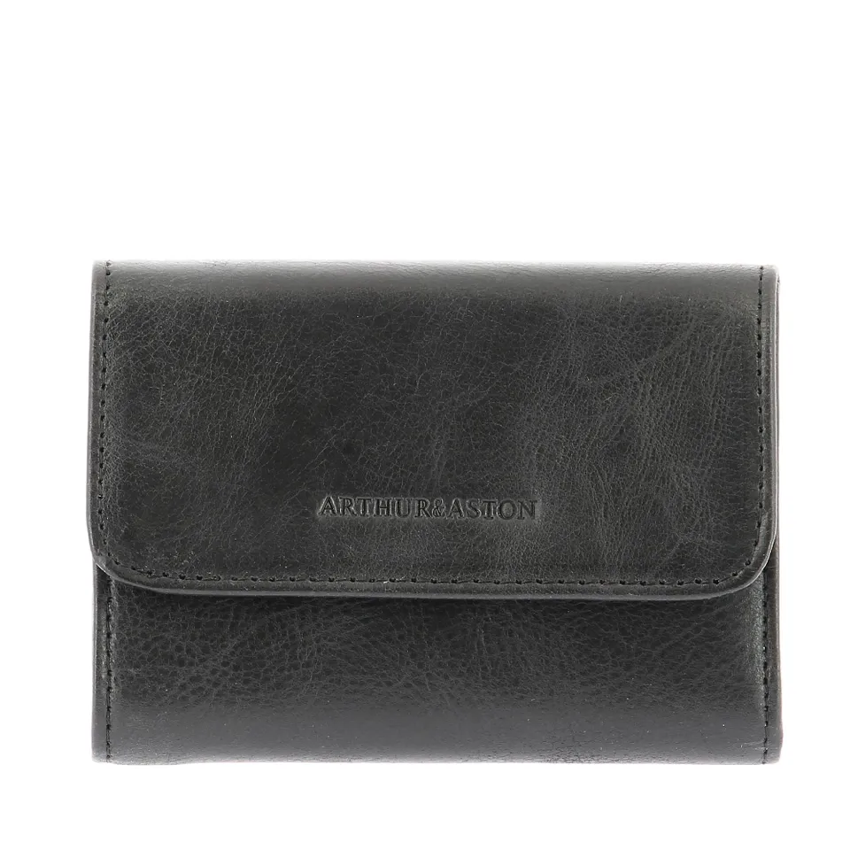 arthur-et-aston-rose-porte-cartes-rabat-cuir-noir-femme image 1