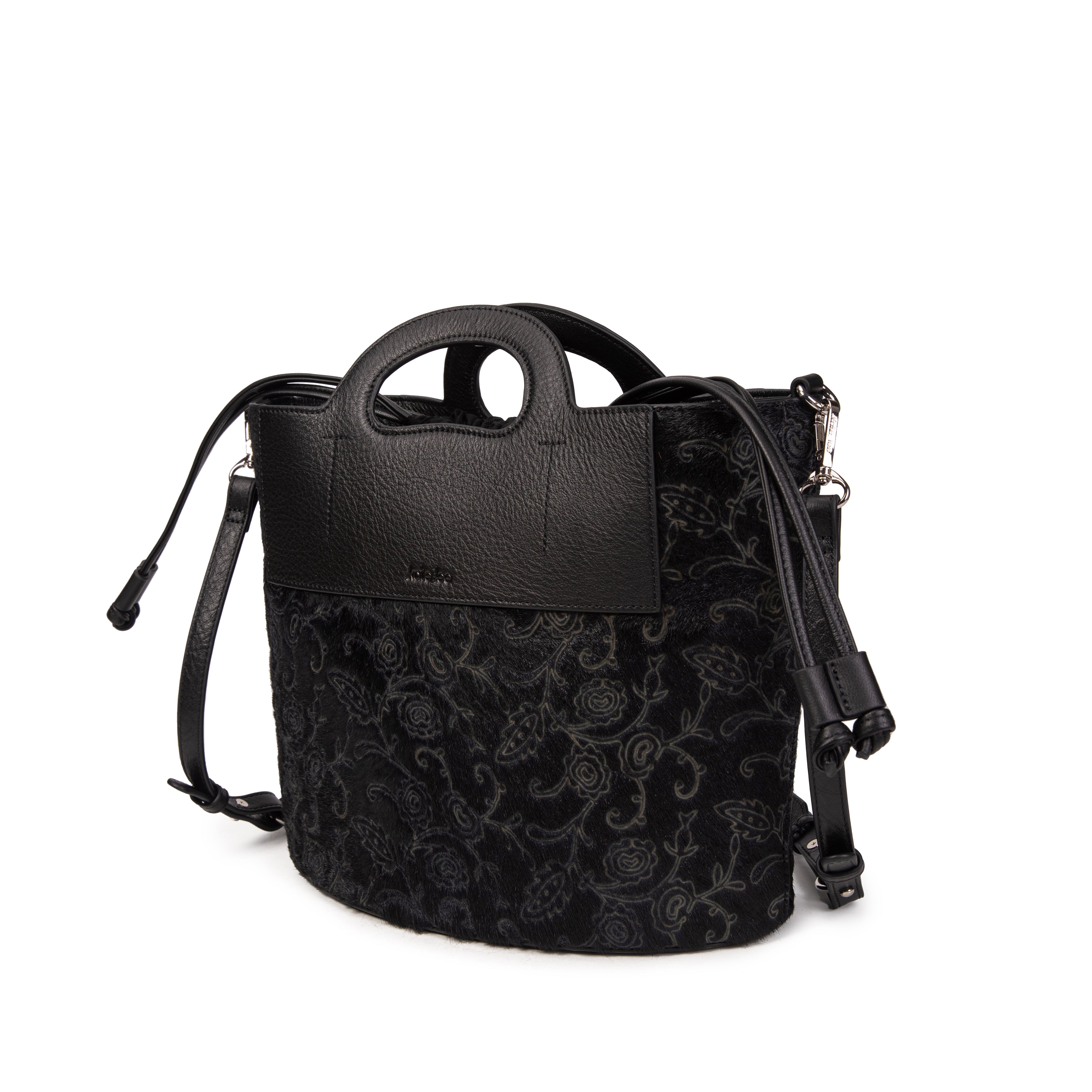 kate-lee-st-tropez-sac-seau-cuir-noir-fleurs image 2