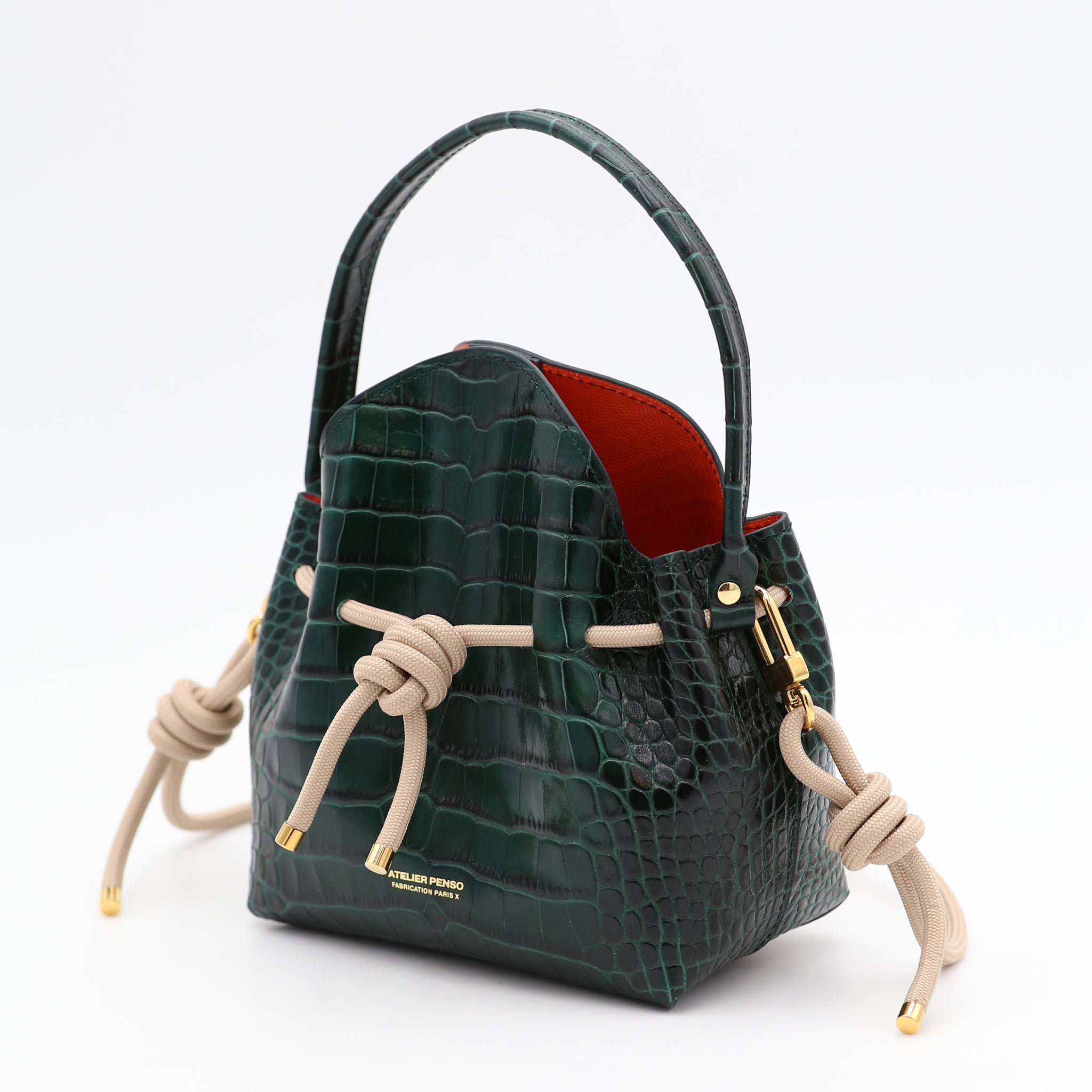 atelier-penso-mini-bucket-sac-seau-cuir-croco-emeraude-terracotta image 2