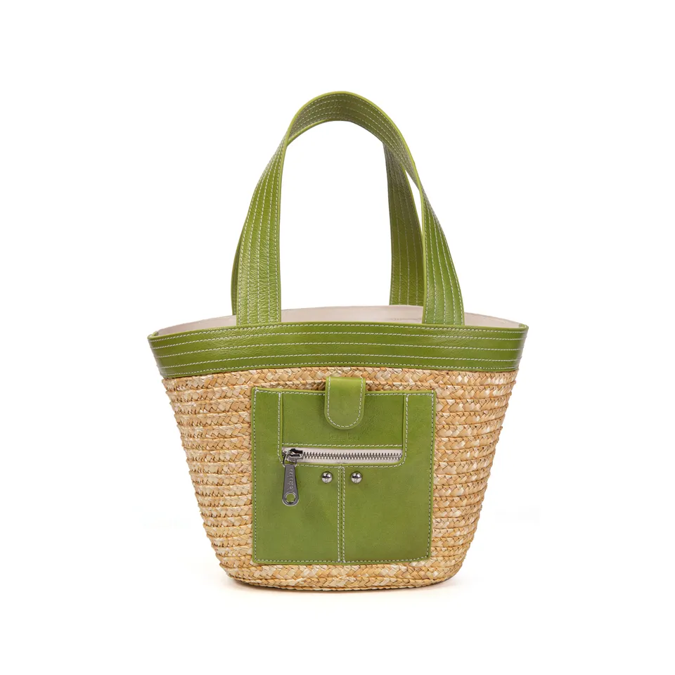 kate-lee-m-panier-madele-sac-panier-vert-paille-cuir image 1